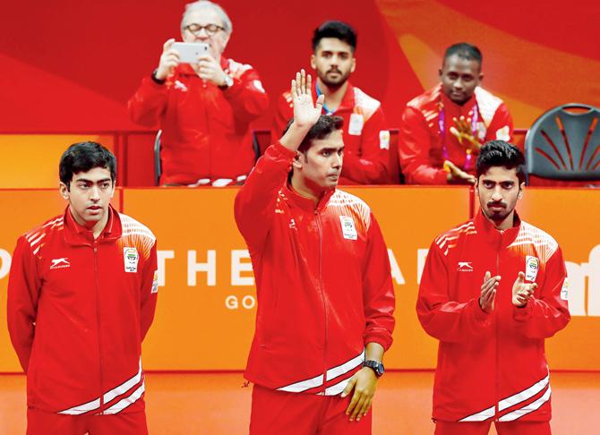 Members of the Indian TT team, Sharath Kamal (centre), Harmeet Desai (left) and G Sathiyan. Pic/PTI
