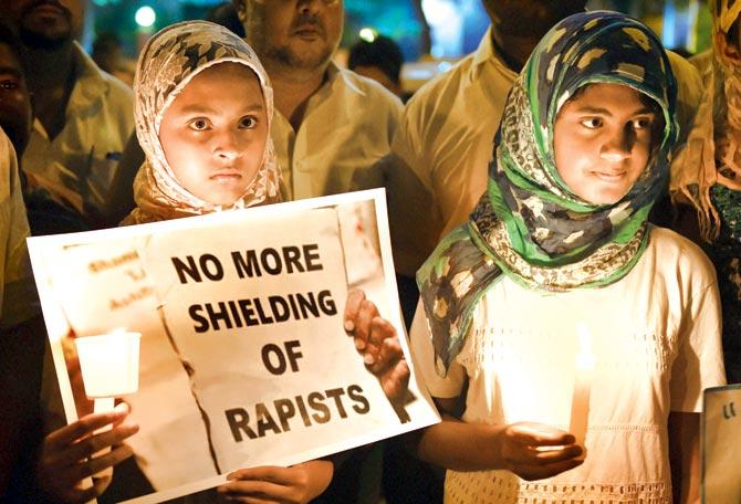 Girls at a candle light vigil in Bengaluru against the Kathua rape and murder