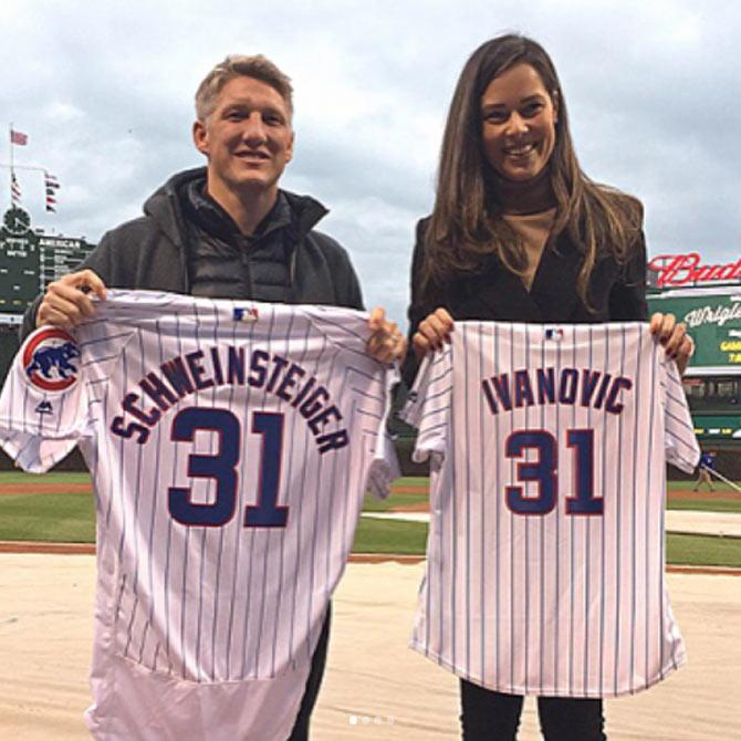Bastian Schweinsteiger with Ana Ivanovic at a baseball game in the USA. The German footballer is currently settled in USA, playing for Major League Soccer club Chicago Fire