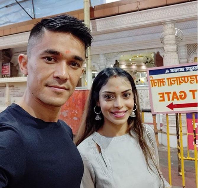 Sunil Chhetri won the AIFF Player of the Year a record six times so far. Sunil Chhetri with wife Sonam at the Siddhivinayak temple in Mumbai, he wrote  Took time off to visit Siddhivinayak for the first time and it was a calming experience. May God always bless us all. 