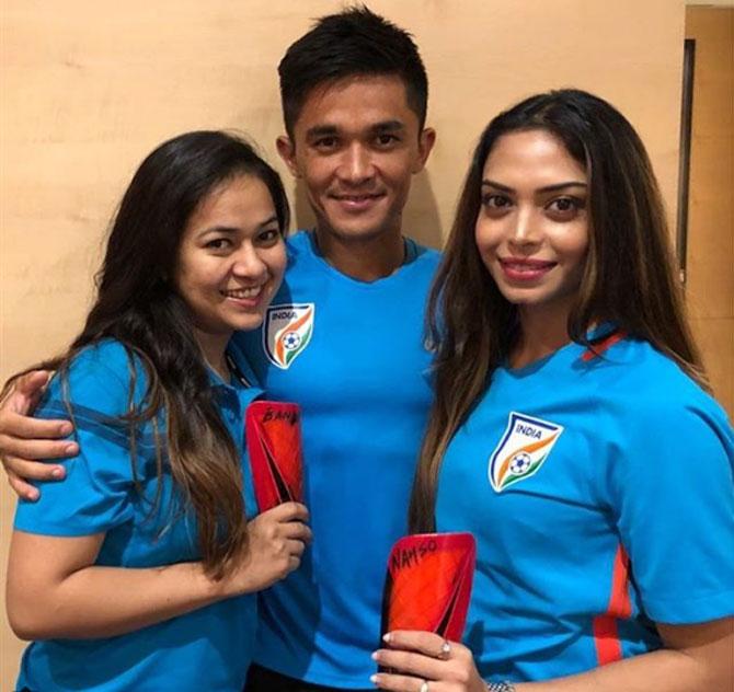 Sunil Chhetri has scored 72 goals in 115 international matches for India so far. Sunil Chhetri shared a picture of his football shin pads with wife Sonam, where he captioned  Named my shin pads and handed them to the people who give me strength. I love them so much! 