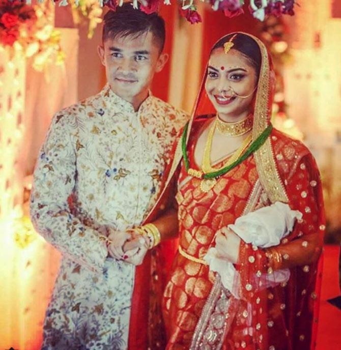 Sunil Chhetri shared a picture of his wedding with Sonam Bhattacharya, he captioned  Taking this chance to thank all of you who wished us with a lot of kindness and blessings over the last few days. All the love made this so much more special! Big thank you to @varunbahlcouture for making me comfortable and dapper in something that s not a football kit :) 