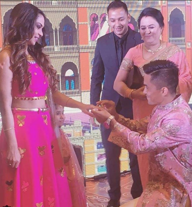 Sunil Chhetri is currently the second-highest scorer in international football after Cristiano Ronaldo (and ahead of Lionel Messi) among players currently playing internationally. Sunil Chhetri shared this beautiful picture of his proposal to wife Sonam, he captioned  One half of the marathon s complete with my best friend @sonam_29. Will need all your blessings to complete this,) 
