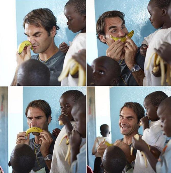 Roger Federer always bring out the kid in himself, when he spends time with children. In this picture, he is amusing a small child with funny faces using a banana. In response to the 2010 Haiti earthquake, Federer arranged a collaboration with fellow top tennis players for a special charity event during the 2010 Australian Open called 'Hit for Haiti', in which proceeds went to Haiti earthquake victims