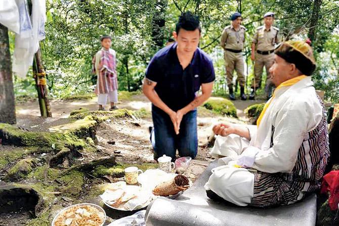 Bhaichuing Bhutia at a holy site in Kabi Longstok