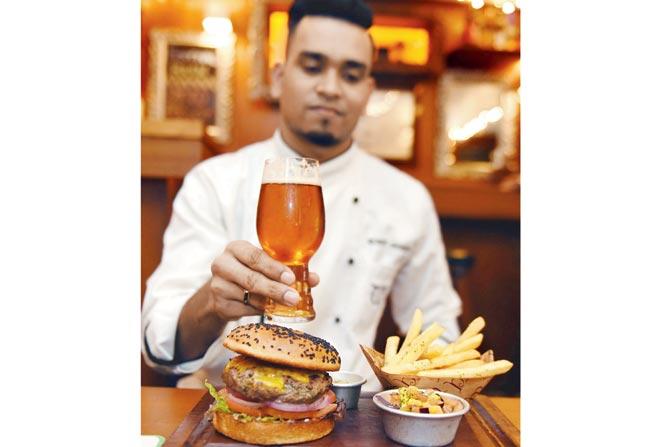 Double IPA with double cheddar tenderloin burger at Woodside Inn