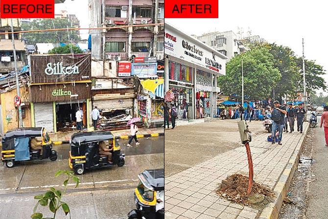Encroachments near Rizvi Chambers BEFORE on Hill Road and BMC’s clearing of a bottleneck might just ease the traffic situation. Pic/Rane Ashish