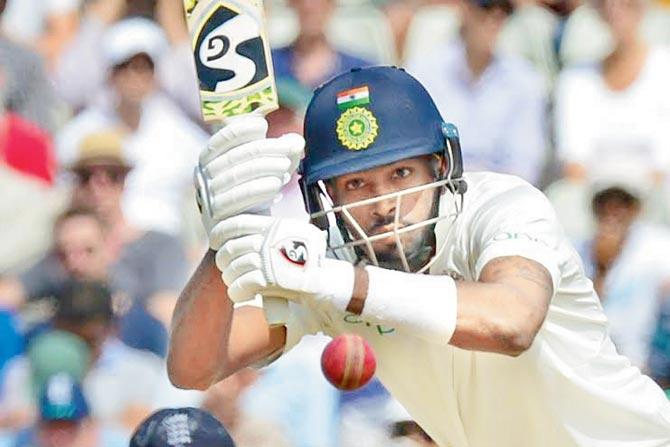 Hardik Pandya en route his 31-run knock in the second innings on Saturday. Pic/Bipin Patel