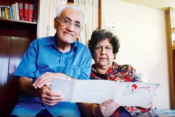 Jimmy and Mehroo holding the menu at their Tardeo home. Pic/Ashish Raje