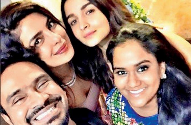 Mushtaq Shiekh, Alia Bhatt and Arpita Khan Sharma at the engagement party on Saturday evening