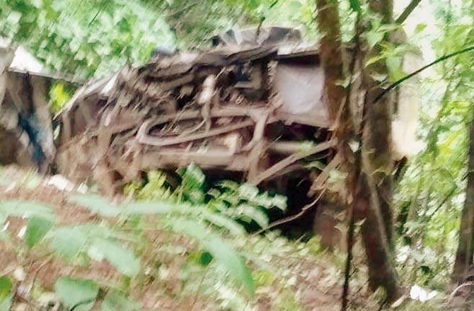 Mangled remains of the bus that fell into the gorge