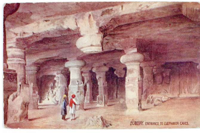 A coloured half-tone print of the entrance of the Elephanta caves by Raphael Tuck and Sons
