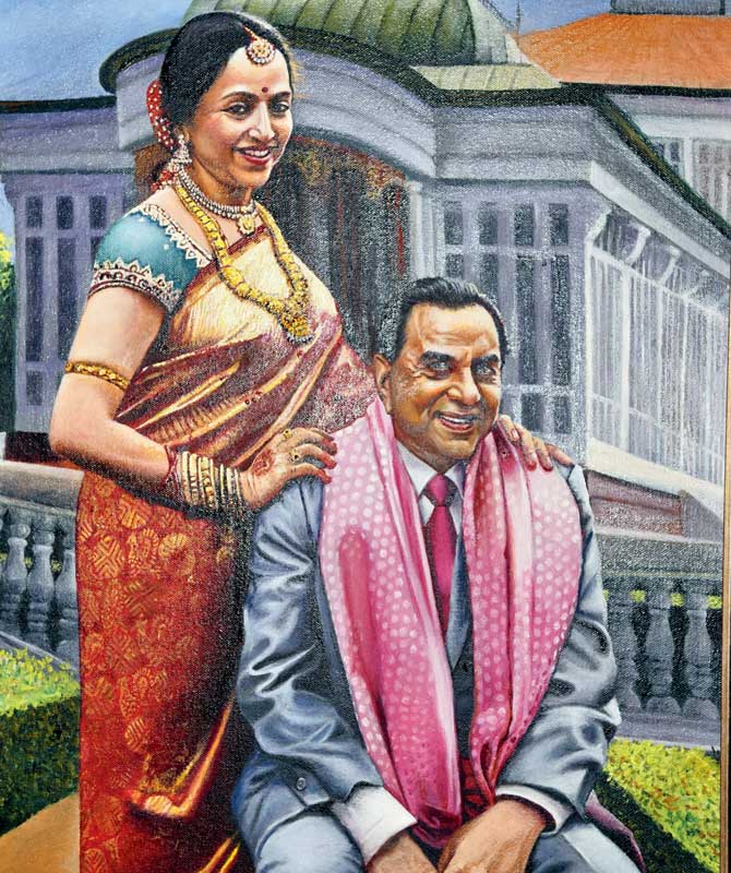 A portrait of actor Hema Malini and husband Dharmendra