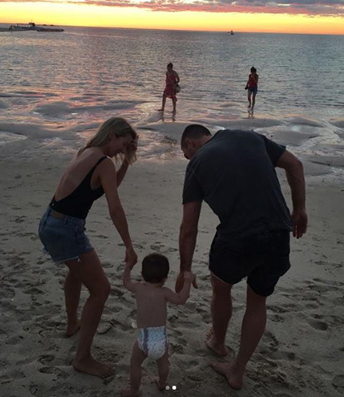 In October 2012, during the Champions League Twenty20 tournament in South Africa, Shaun Marsh was dropped from the Scorchers last game, along with brother Mitchell, after a night of partying to celebrate Mitchell's 21st birthday. In pic: Shaun Marsh posted this picture with his wife and kid and captioned, 'It's been amazing to bring my family up to #coralbay where I spent so many years with the family growing up. New memories made to last a lifetime'