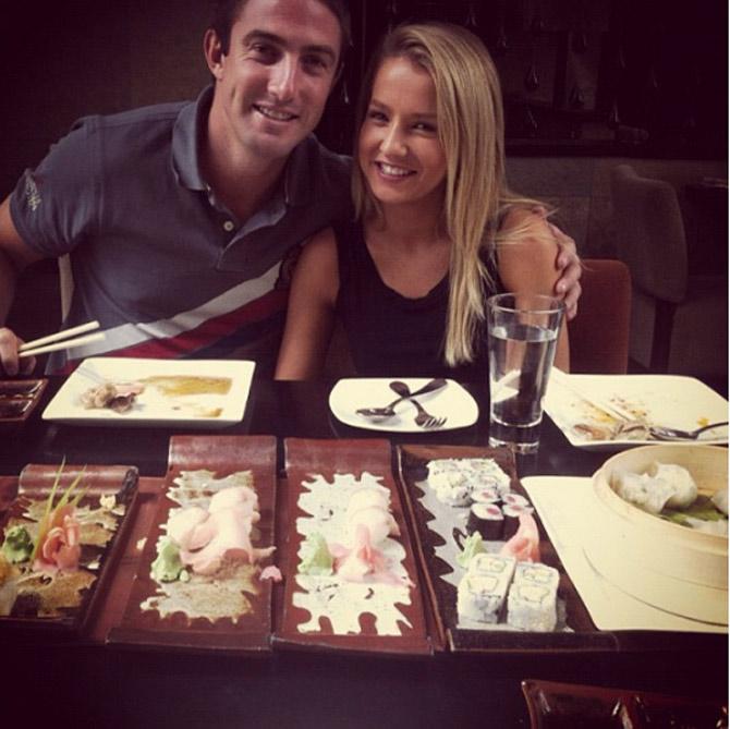 Shaun Marsh looks jubilant while on a dinner date with Rebecca at a Japanese restaurant.
