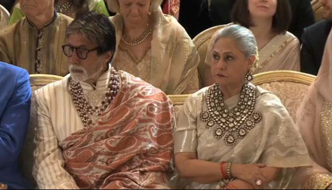 In photo: Amitabh Bachchan and wife Jaya Bachchan snapped by the shutterbugs during Isha Ambani and Anand Piramal's wedding ceremony. 
