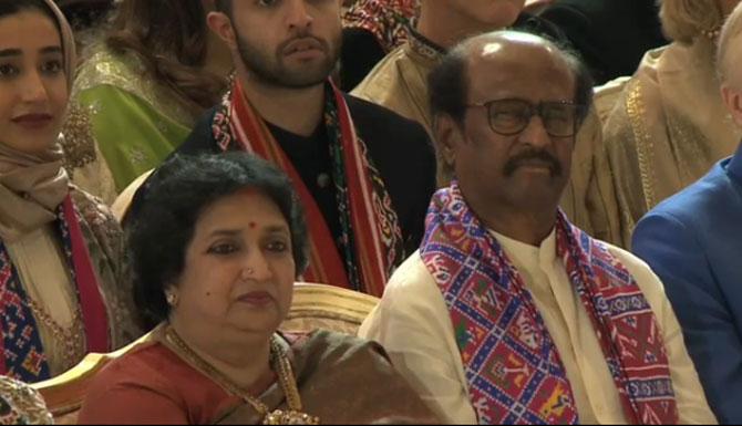 In photo: Superstar Rajnikanth snapped with wife Lata snapped during the wedding ceremonies of Isha Ambani and Anand Piramal.