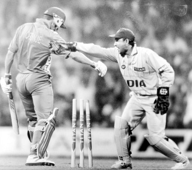 In pic: A picture from a match between India and South Africa, where Nayan Mongia is seen appealing, the other cricketer in the picture is late South African captain Hansie Cronje.