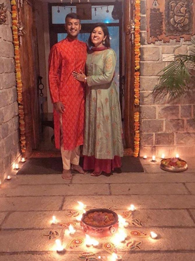 Mayank Agarwal posted this picture with wife Ashita Sood on Diwali, he captioned it, 'Wishing everyone a very happy and prosperous Diwali #diwali #festivaloflights #celebrationwithfamily'