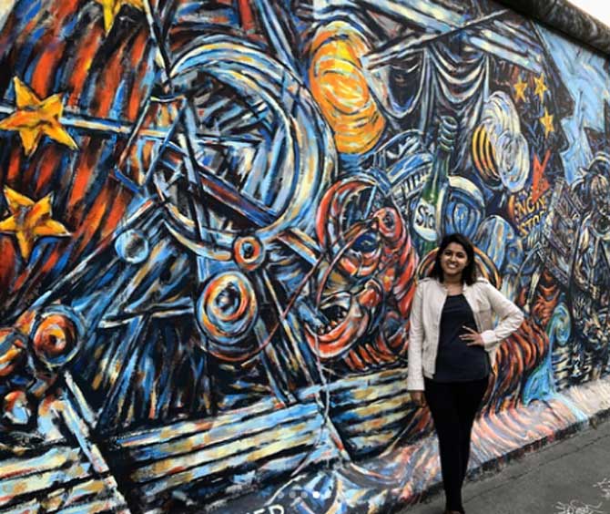 Another picture Mayank Agarwal posted of his wife Ashita Sood during their honeymoon, he captioned, 'Remnants of the Berlin Wall ~ East Side Gallery #ashkaromayank #berlin #traveldiaries #tickingoffthebucketlist #explorer'