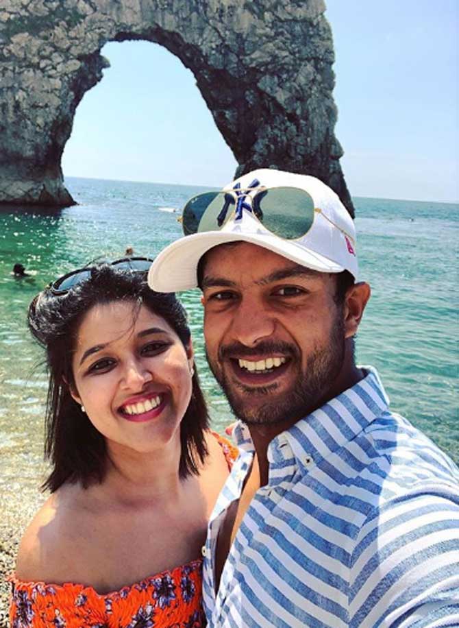 Mayank Agarwal is a right-handed opening batsman for Karnataka in the domestic circuit. He made his international debut for the India cricket team in the Boxing Day Test in Melbourne against Australia in December 2018. In pic: Mayank Agarwal posted this picture of himself and wife Ashita Sood on a beach. He wrote, 'Day trip to Durdle Door @aashitasood09 #ashkaromayank #explore #exploreuk #traveldiaries'