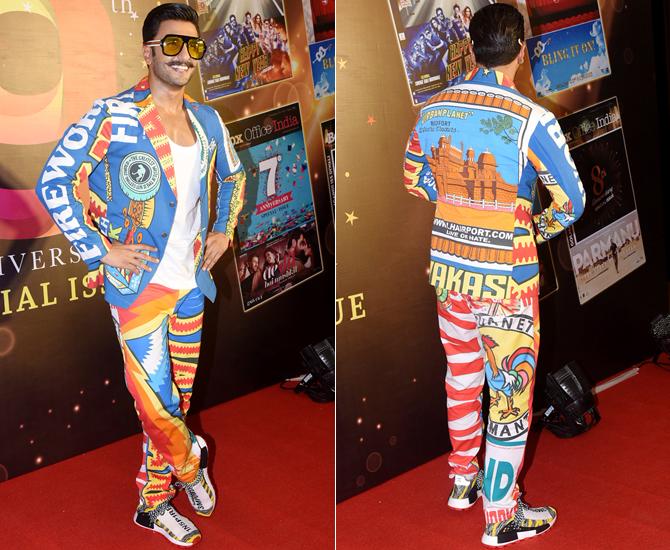 Ranveer Singh is a 'firework' in this colourful suit from Genes Lecoanet Hemant. The multi-colour suit featured various offbeat prints including firecrackers and had 'Standard' and 'Fireworks' written on the sleeves and trouser