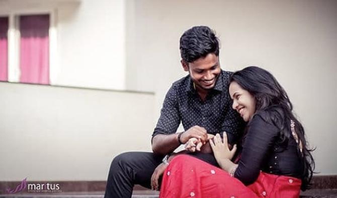 Sanju Samson posted this romantic and candid picture with wife Charulatha amid their wedding celebrations and wrote, 'Happy #sanchawedding @charulatha_remesh @vivekmenonphotography @maritusevents.'