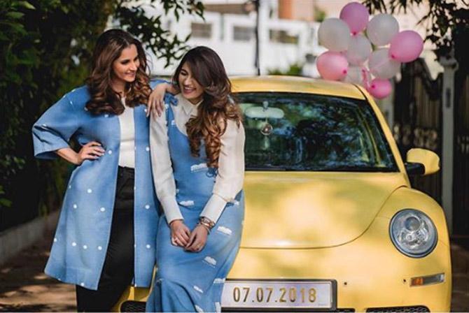 Anam Mirza twinning in this picture for a photoshoot with Sania Mirza, she wrote, 'THE NEW LOOK, All set to bring in the season 7 of The Label Bazaar in Hyderabad!!! 7th of July (check the number plate out). Both of us in @houseofmasaba. Hair and Make-up by @makeupartisttamanna . Pictures by @daaemi @anuragkamilla . #TLBseason7 #TLB #TheLabelBazaar'