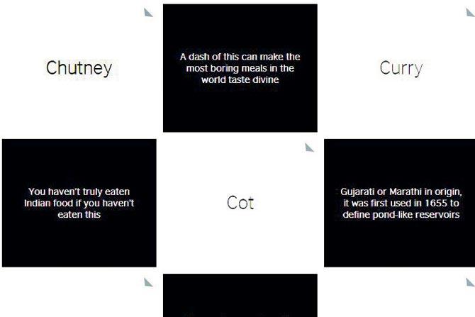 The website has tiles of English words that have been inspired by India and have to be matched to their meaning in 90 seconds