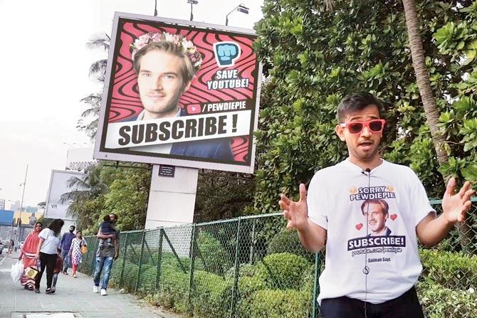 Saimandar Waghdare shows his support for PewDiePie with videos featuring digitally edited photographs and billboards