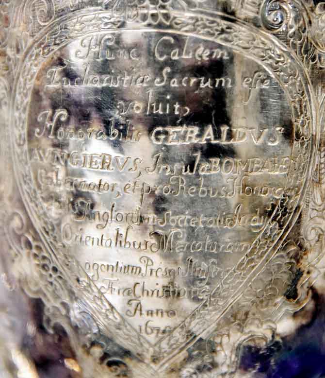 A silver cup from 1675 mentions Governor Gerald Aungier