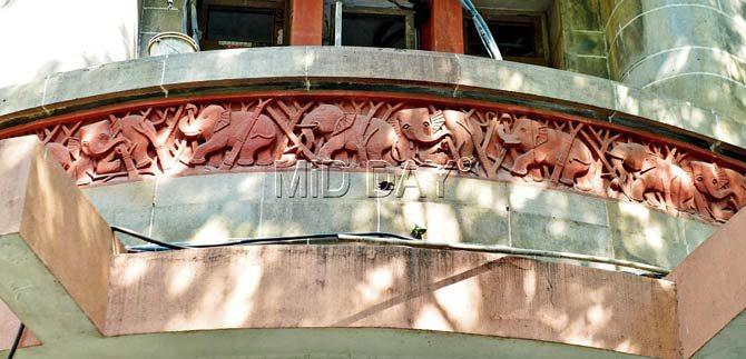 Elephant relief on the frieze in red Agra stone. Pics/Bipin Kokate
