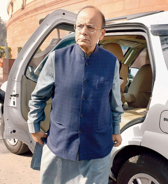 FM Arun Jaitley at Parliament House during the Budget Session. Pics/PTI