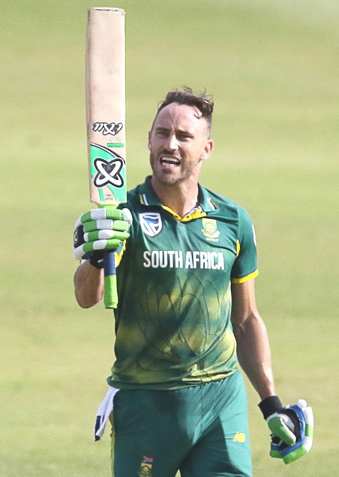 South African batsman Faf du Plessis celebrates his 100 runs during the first One Day International cricket match between South Africa and India at Kingsmead cricket ground on February 1, 2018 in Durban. Pic/AFP