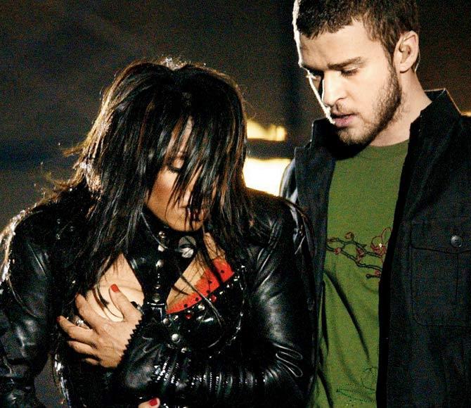 Janet Jackson reacts after Justin Timberlake rips off her clothing during the 2004 Super Bowl Halftime show