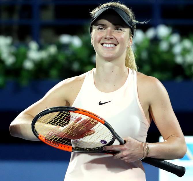 Elina Svitolina of Ukraine celebrates after defeating Angelique Kerber of Germany during their semi-final match at the WTA Dubai Duty Free Tennis Championship. Pic/AFP