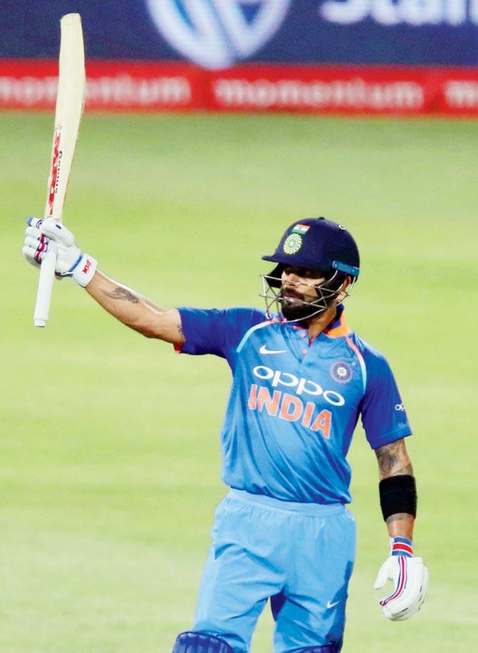 India skipper Virat Kohli celebrates his half century against South Africa in the first ODI at Durban yesterday. Pic/AFP