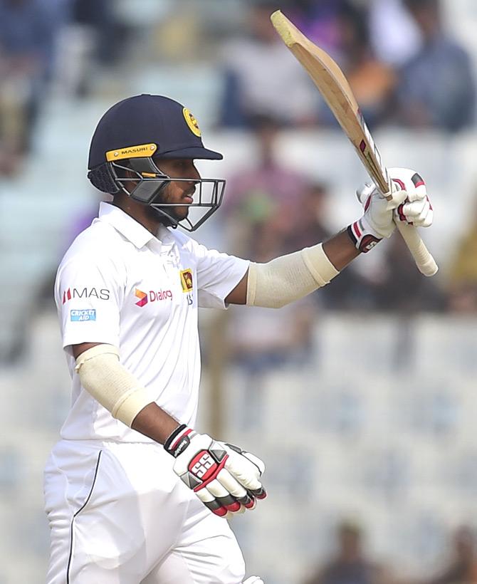 Sri Lanka cricketer Kusal Mendis reacts after scoring one hundred and fifty (150 runs) during the third day of the first cricket Test between Bangladesh and Sri Lanka at Zahur Ahmed Chowdhury Stadium in Chittagong on February 2, 2018. Pic/AFP