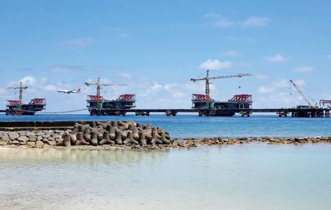 The under-construction China Maldives Friendship Bridge pictured near the city of Male. Pic/AFP