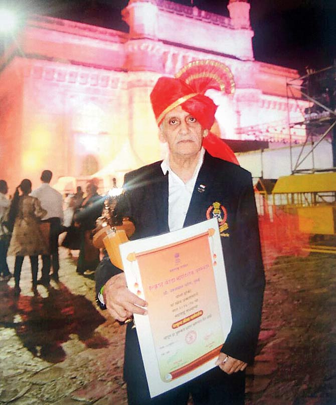 Patel with his Shiv Chhatrapati award at the Gateway of India on Saturday  