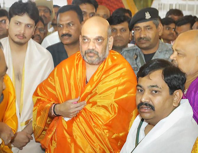 BJP National President Amit Shah offer prayers at Sri Kshethra Malakheda Temple at Kalaburagi in Karnataka on Monday. Pic/PTI