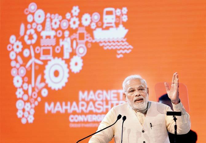 PM Narendra Modi speaks during the opening ceremony of Magnetic Maharashtra Convergence 2018 in BKC on Sunday. Pic/PTI
