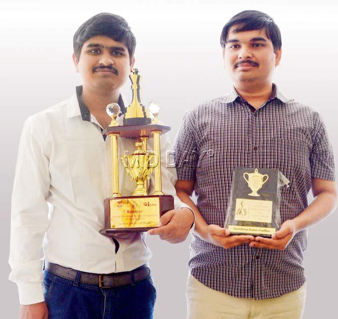 Soundarya Kumar (left) and Prachurya Kumar Pradhan with their trophies at Andheri Sports Complex on Sunday. Pic/Sneha Kharabe