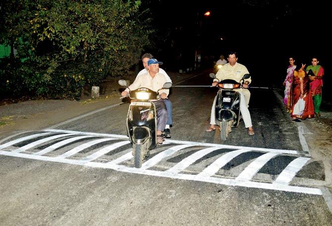 One of the repainted speed breakers on the Wagholi-Kalamb beach stretch