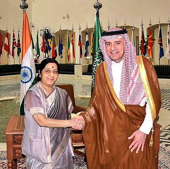 External Affairs Minister Sushma Swaraj and Foreign Minister of Saudi Arabia Adel Jubeir at a meeting in Riyadh on Wednesday. Pic/PTI