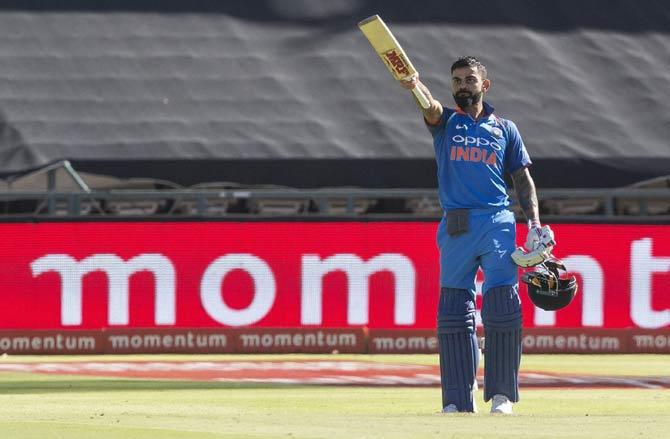 Indian batsman and captain Virat Kohli acknowledges the crowd after scoring 160 during a One Day International match between South Africa and India at Newlands Stadium, in Cape Town, South Africa, Wednesday, Feb 7, 2018. Pic/ AP/ PTI