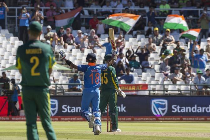 Indian captain Virat Kohli celebrates his 100 during a One Day International match between South Africa and India at Newlands Stadium, in Cape Town, South Africa, Wednesday, Feb 7, 2018. Pic/ AP/PTI