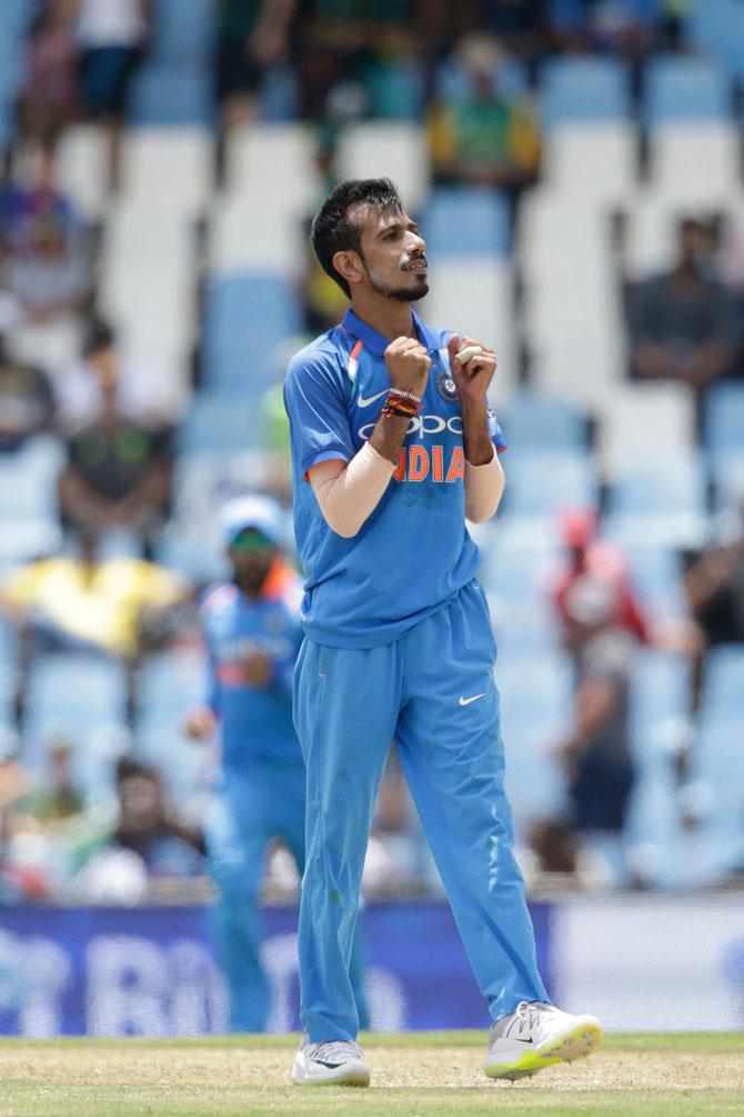Indian bowler Yuzvendra Chahal celebrates the dismissal South African batsman Chris Morris (not in picture) during the second One Day International cricket match between South Africa and India at Centurion cricket ground on February 4, 2018 in Centurion. Pic/ AFP