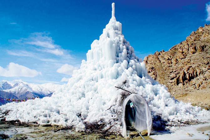 The man-made artificial ice stupa created in Leh 