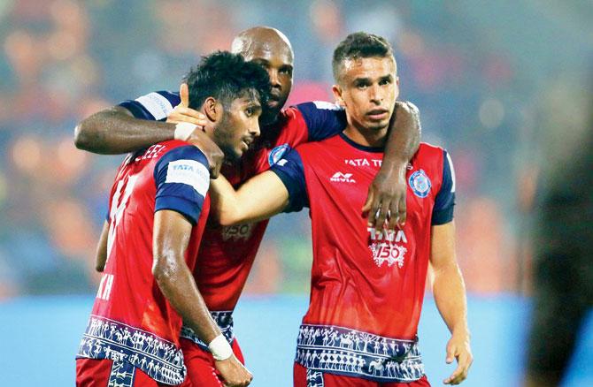 Jamshedpur FC players celebrate a goal against Mumbai City FC during an Indian Super League match yesterday. pic/Sportzpics